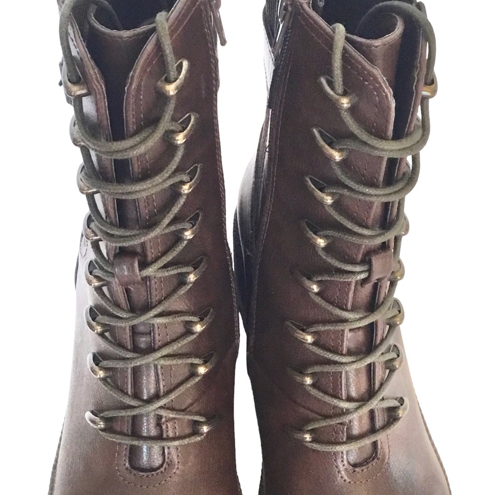 🆕TAHARI MELISSA Chunky Combat Ankle Boot Brown Vegan Leather Lace/Zip up Size-10 - Picture 5 of 16